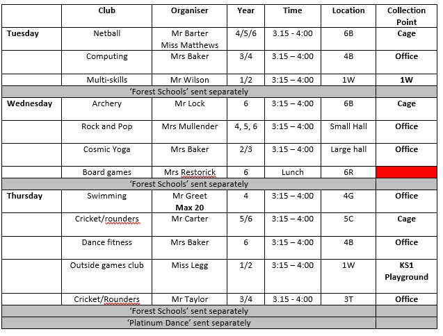 Clubs Summer Term 2nd Half